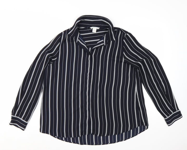 H&M Womens Blue Striped Button-Up Shirt Size 8 Long Sleeve