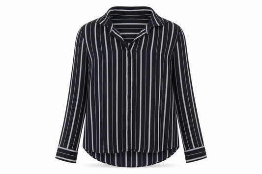 Front view of H&M women’s blue striped button-up shirt, size UK 8, long sleeve