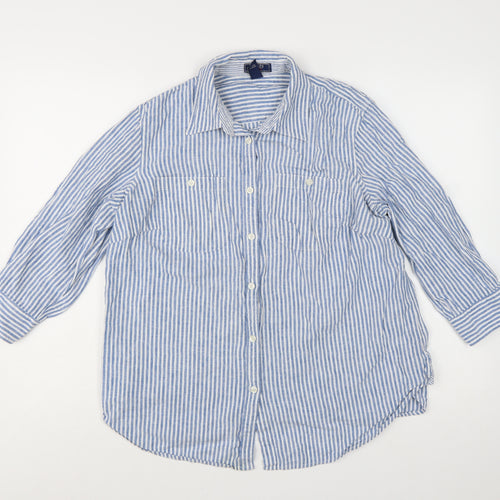 Chaps Women Blue Striped Linen Cotton Button-Up Shirt Size 18 Plus