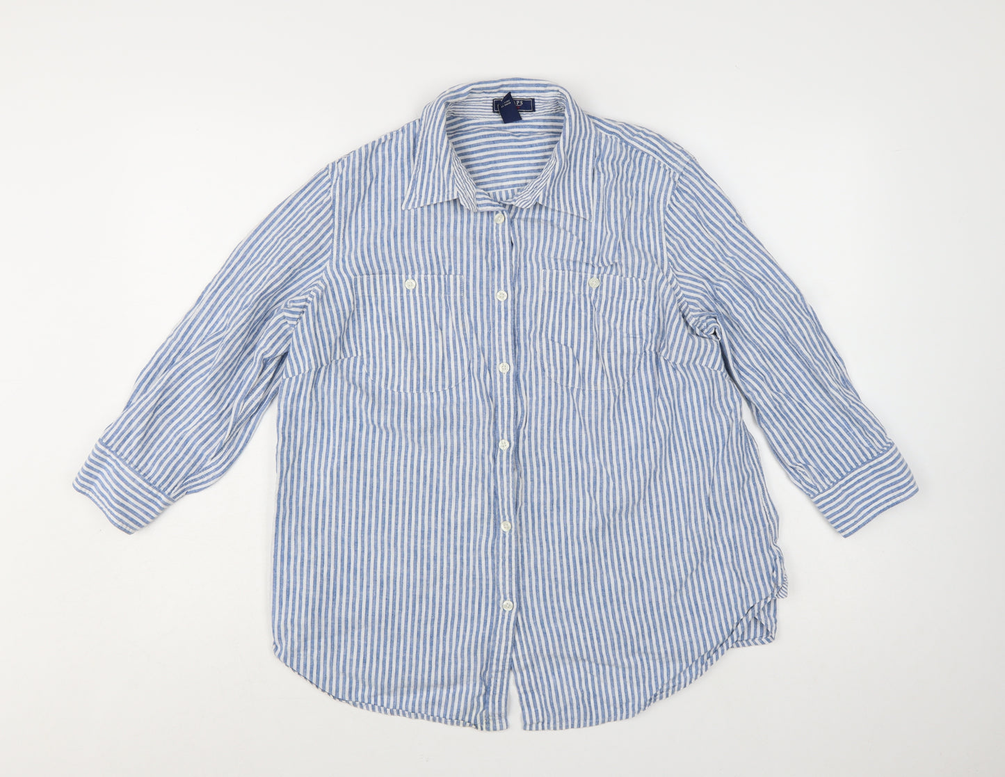 Chaps Women Blue Striped Linen Cotton Button-Up Shirt Size 18 Plus