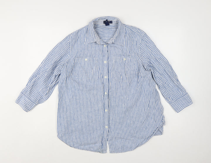 Chaps Women Blue Striped Linen Cotton Button-Up Shirt Size 18 Plus