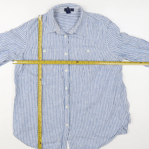 Chaps Women Blue Striped Linen Cotton Button-Up Shirt Size 18 Plus