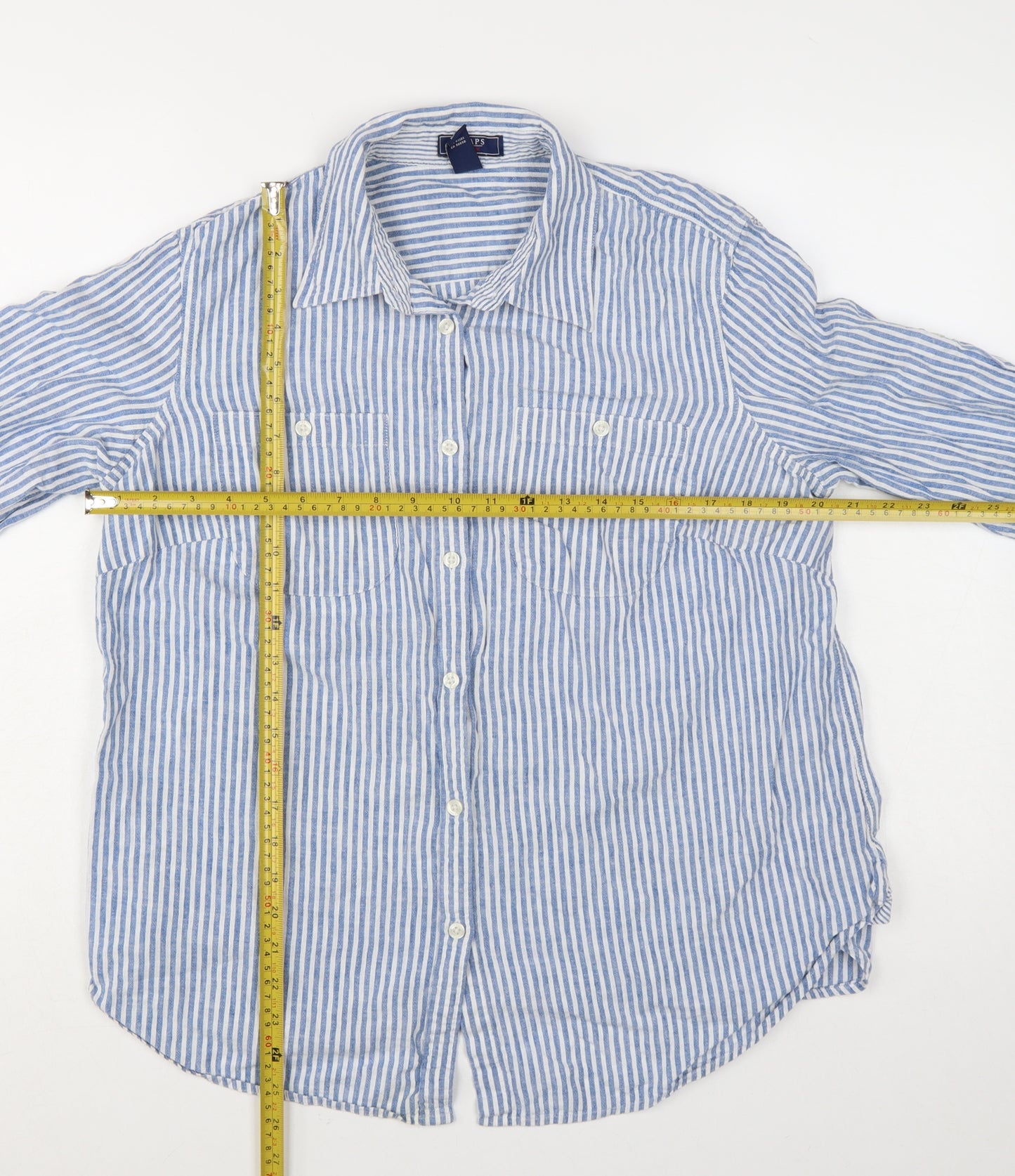 Chaps Women Blue Striped Linen Cotton Button-Up Shirt Size 18 Plus