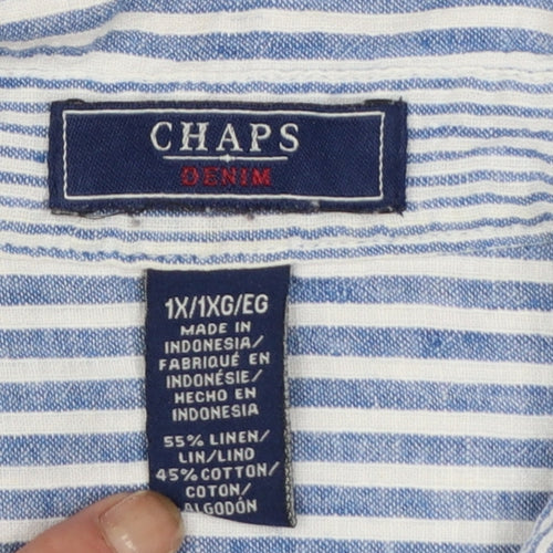 Chaps Women Blue Striped Linen Cotton Button-Up Shirt Size 18 Plus