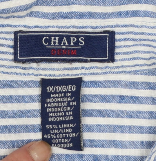 Chaps Women Blue Striped Linen Cotton Button-Up Shirt Size 18 Plus