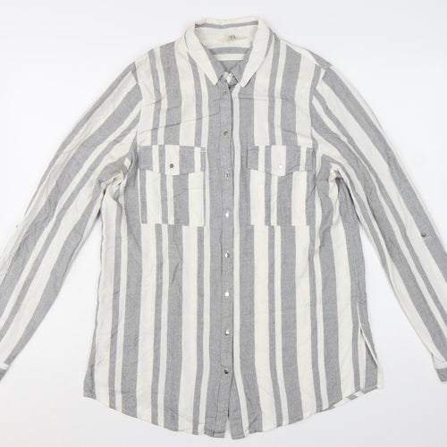 River Island Women Grey Striped Long Sleeve Collared Button-Up Shirt Size 10