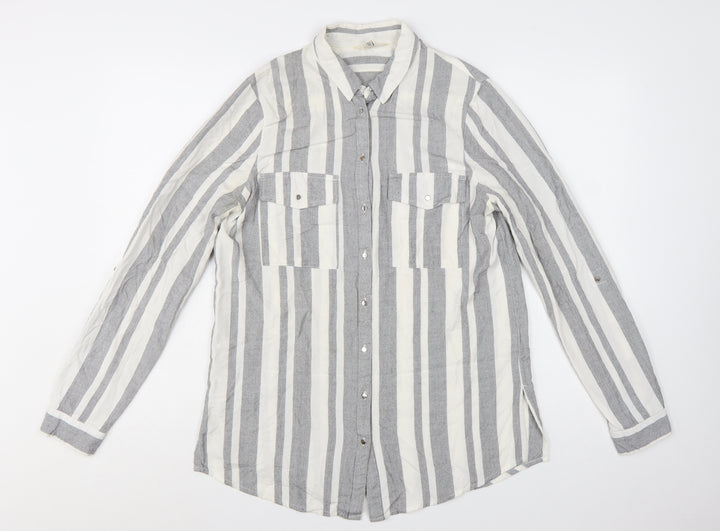 River Island Women Grey Striped Long Sleeve Collared Button-Up Shirt Size 10