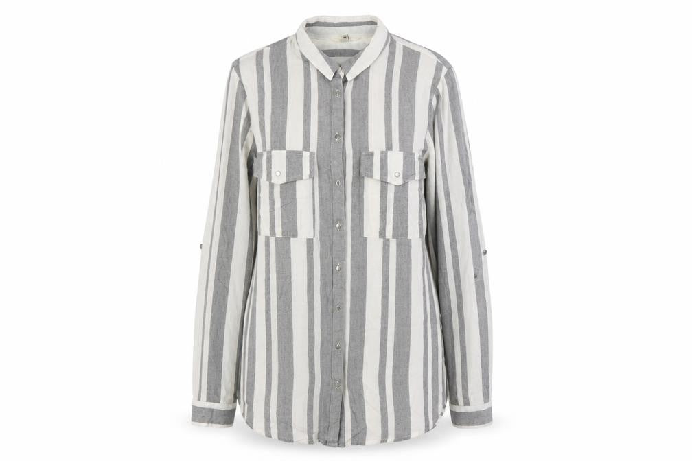 River Island Women Grey Striped Long Sleeve Collared Button-Up Shirt Size 10