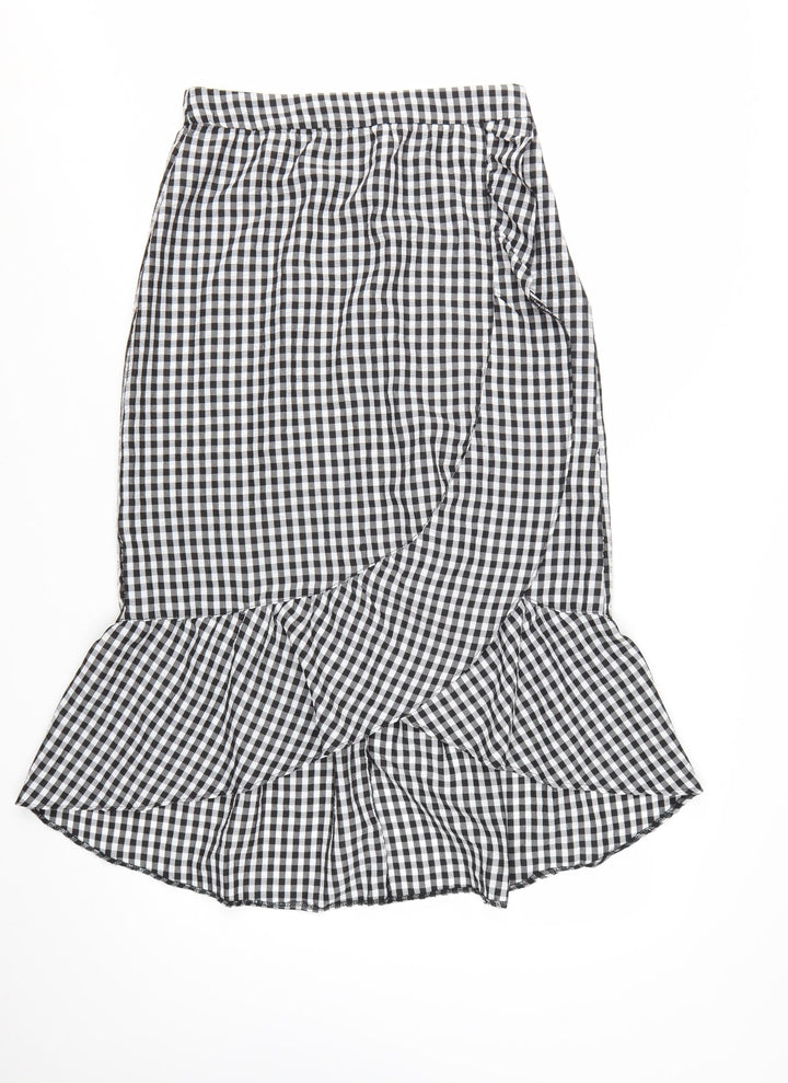 New Look Women’s Black Gingham Wrap Midi Skirt Size 10 Cotton