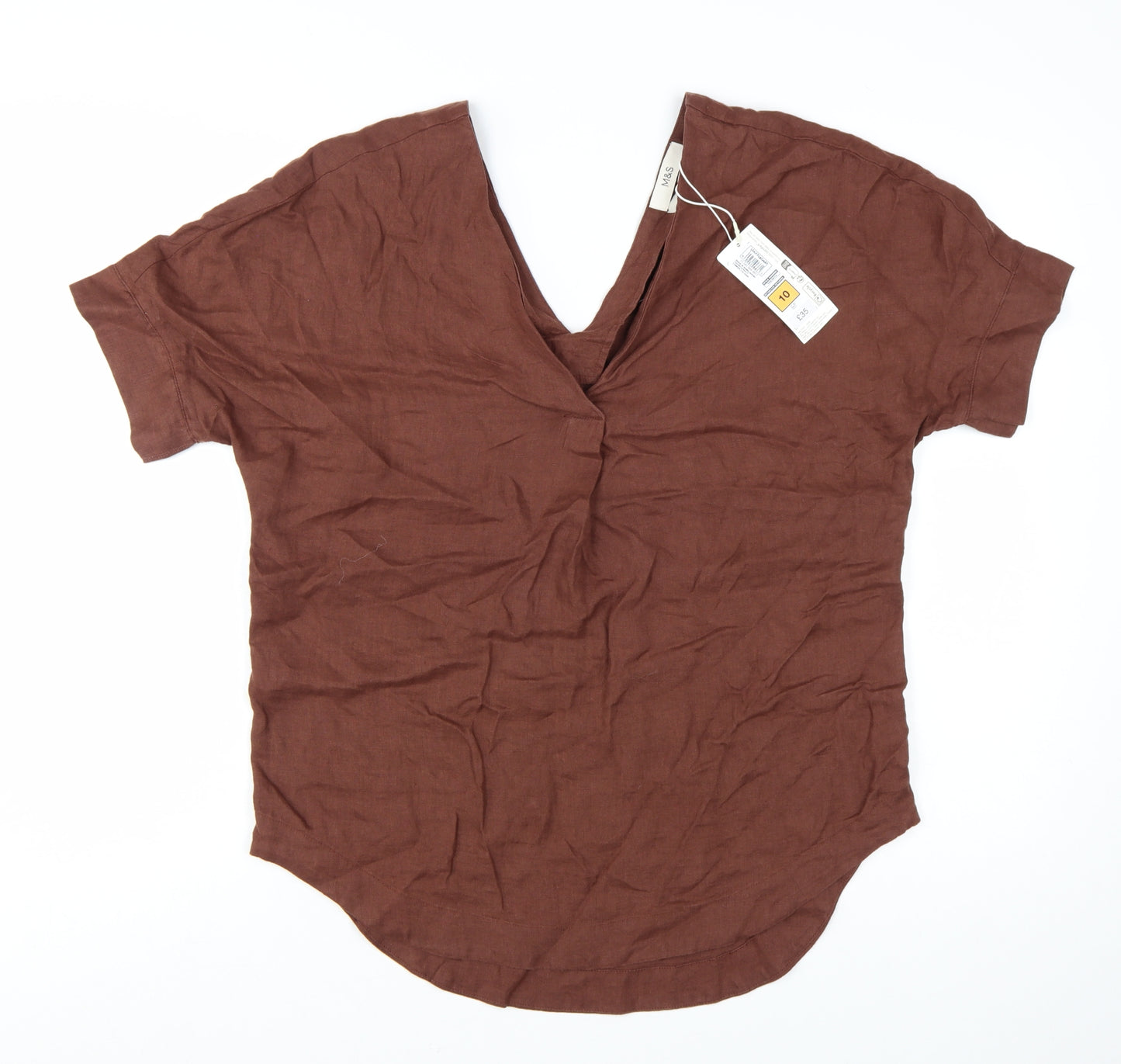 Marks and Spencer Women’s Brown Linen V-Neck Short Sleeve Blouse Size 10