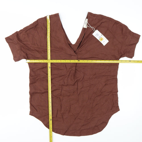 Marks and Spencer Women’s Brown Linen V-Neck Short Sleeve Blouse Size 10