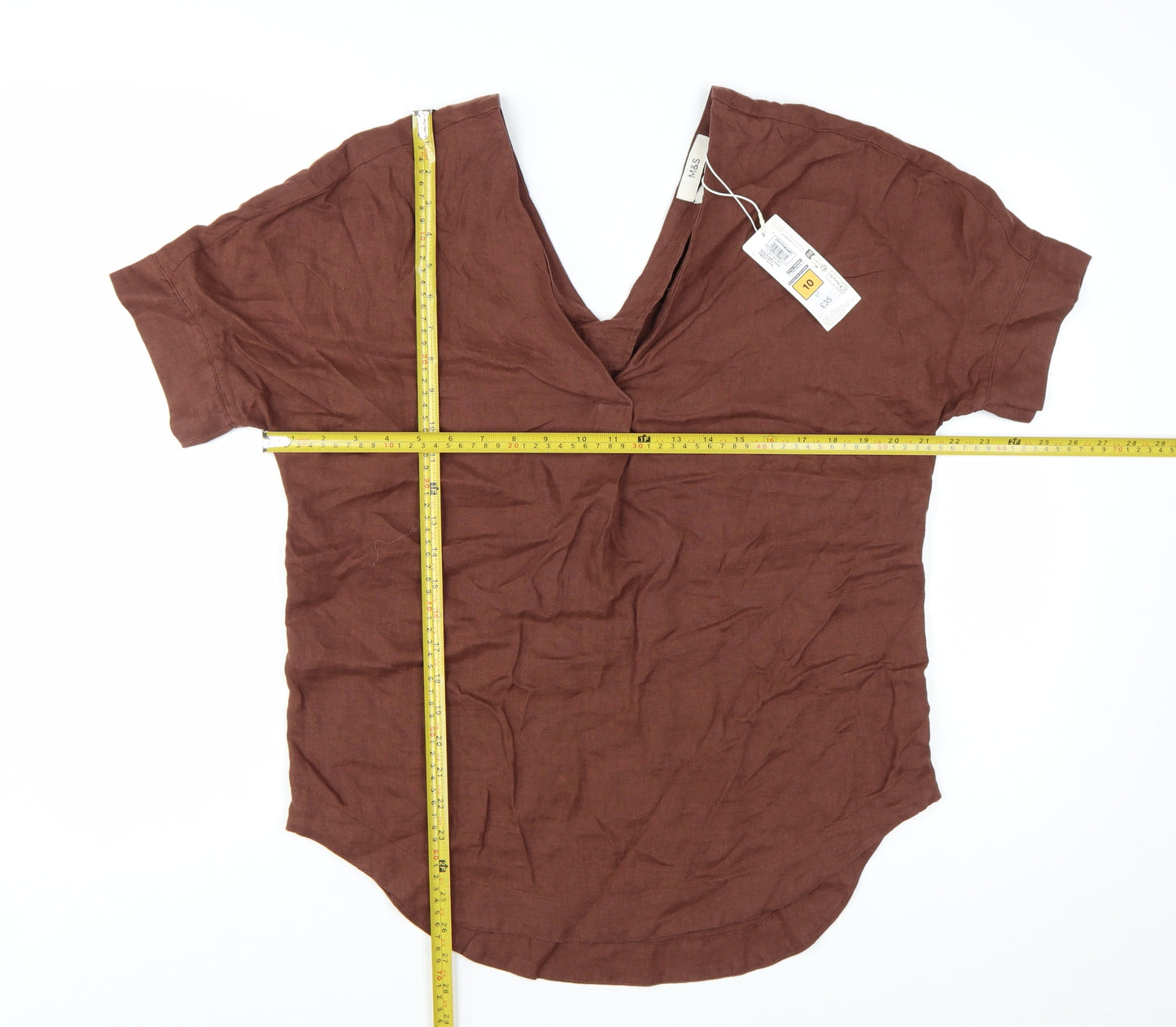 Marks and Spencer Women’s Brown Linen V-Neck Short Sleeve Blouse Size 10