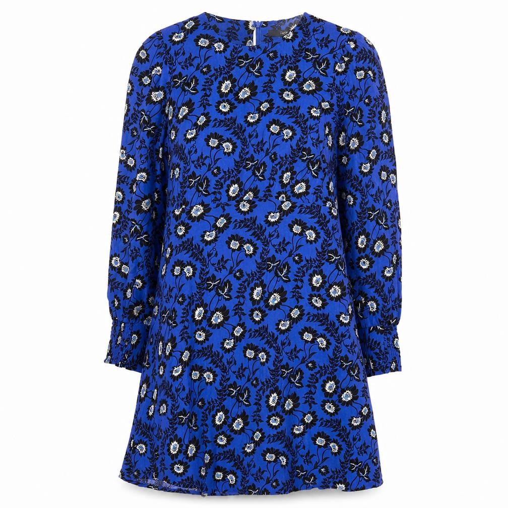 Front view of Next Women's Blue Floral A-Line Short Dress, size 10
