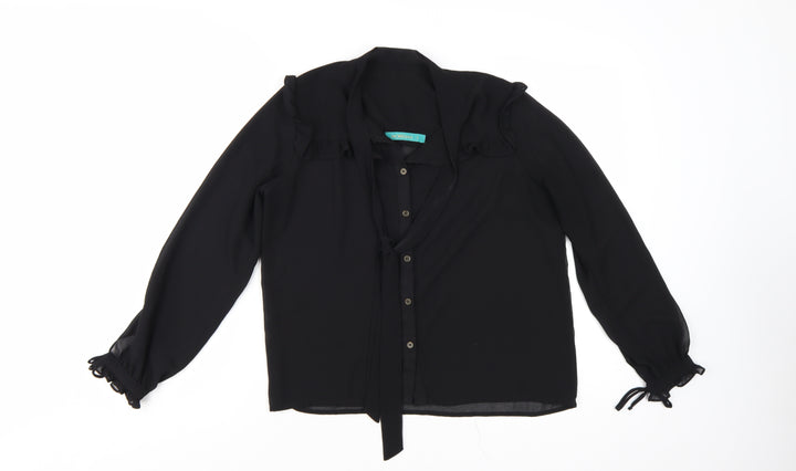 Morfema Women's Black Ruffle Button-Up Long Sleeve Chiffon Blouse Size S