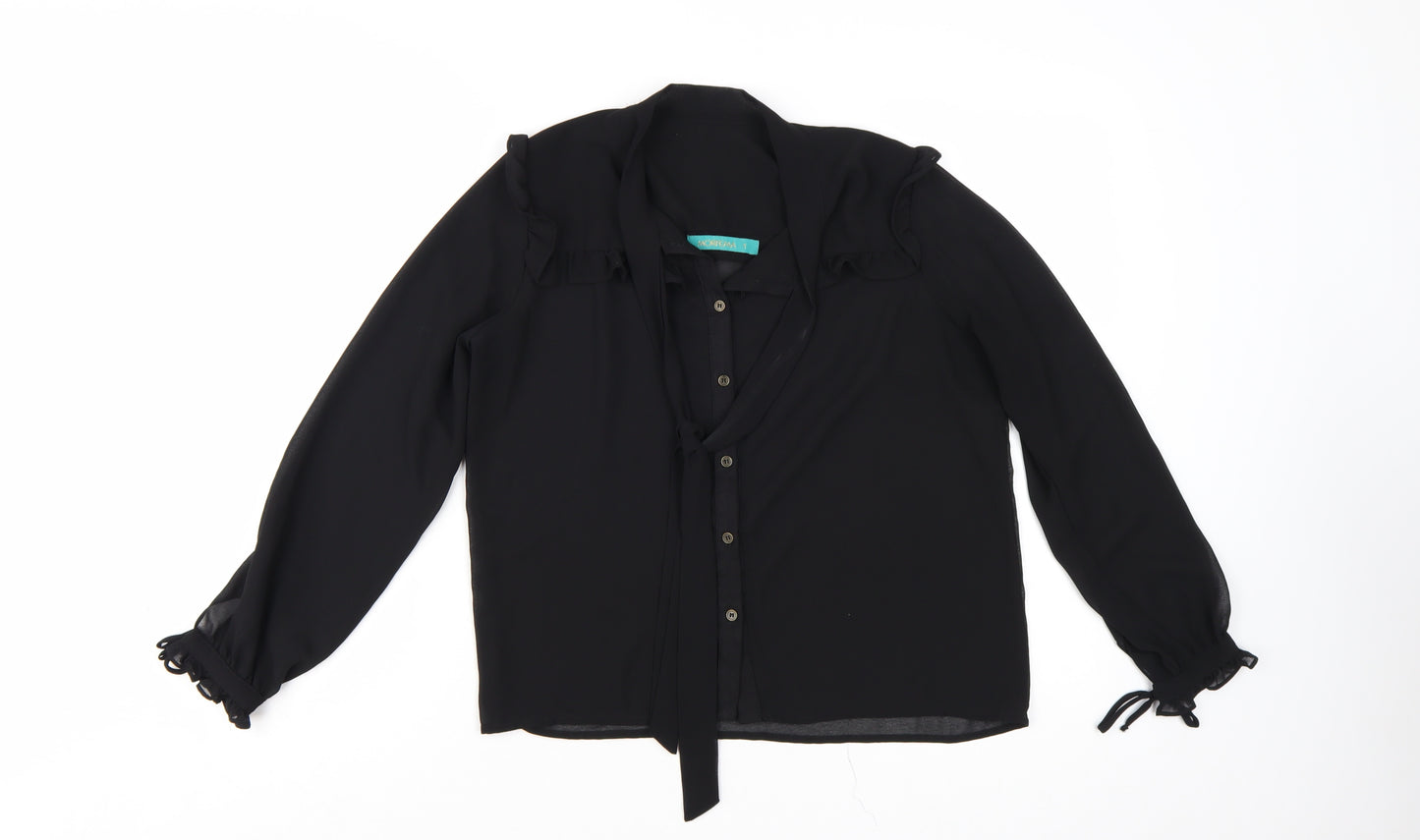 Morfema Women's Black Ruffle Button-Up Long Sleeve Chiffon Blouse Size S