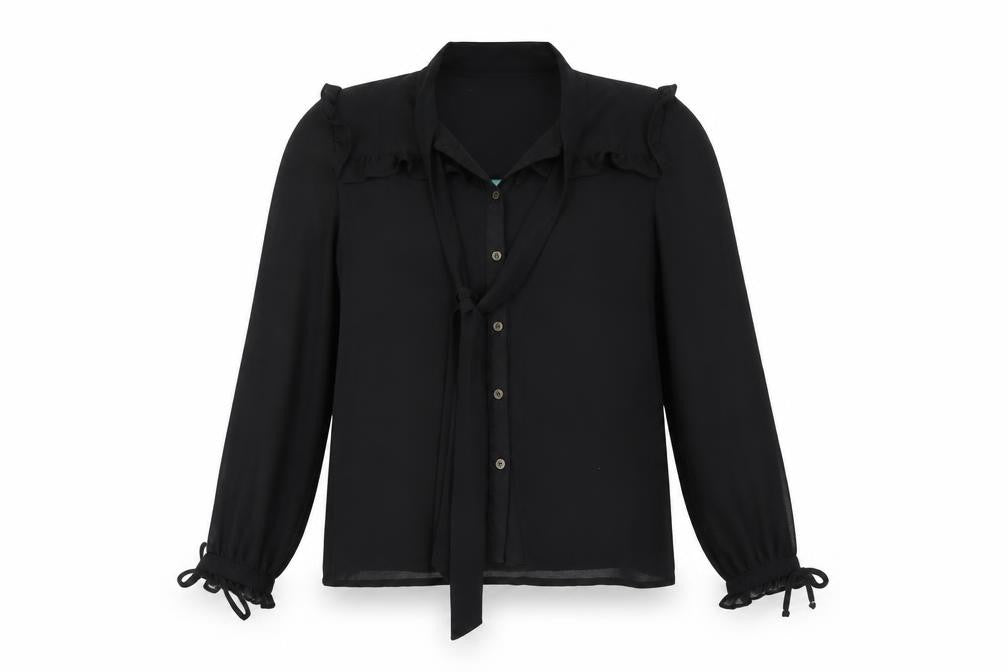 Front view of Morfema Women's Black Ruffle Button-Up Long Sleeve Chiffon Blouse, size S