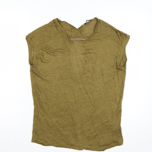 ZARA Women's Green Linen V-Neck Short Sleeve T-Shirt Size 8