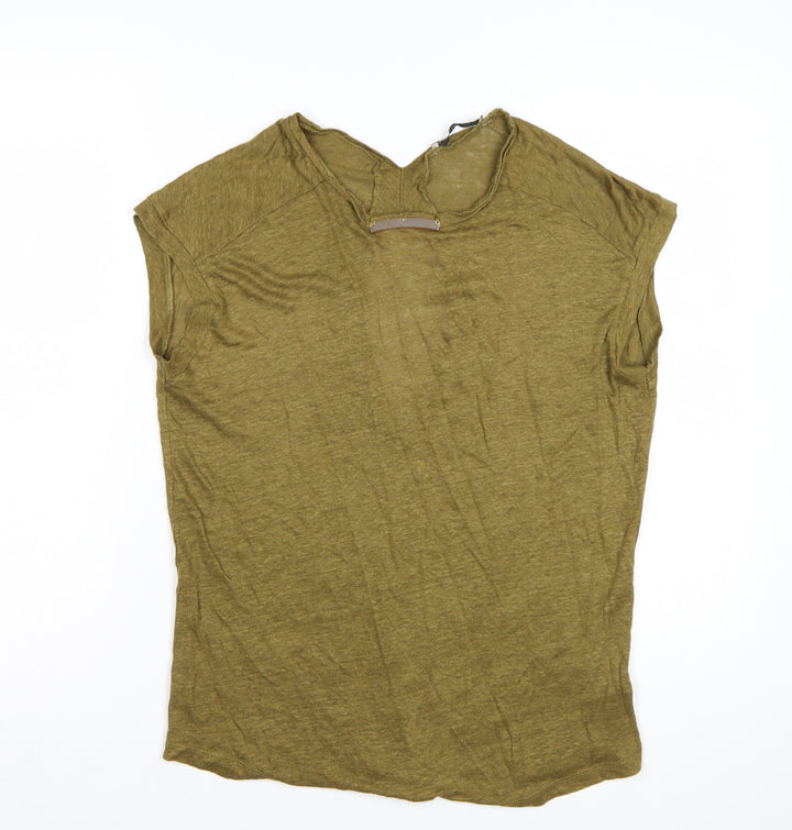 ZARA Women's Green Linen V-Neck Short Sleeve T-Shirt Size 8