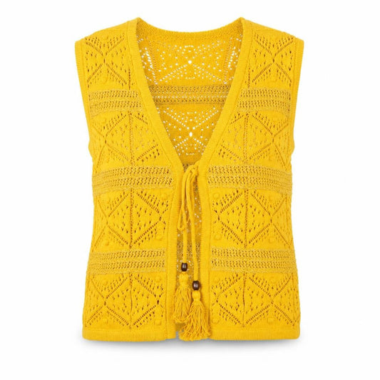 Front view of Marks & Spencer Women's Yellow Crochet Tassel V-Neck Sleeveless Top, size S