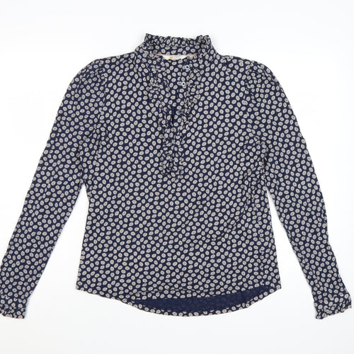 Boden Women's Blue Floral Ruffle High Neck Cotton Blouse Size 12