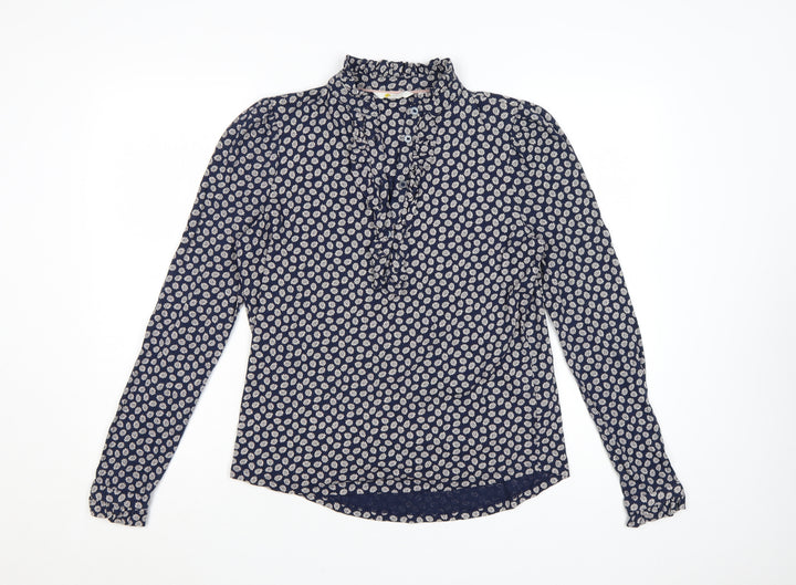 Boden Women's Blue Floral Ruffle High Neck Cotton Blouse Size 12