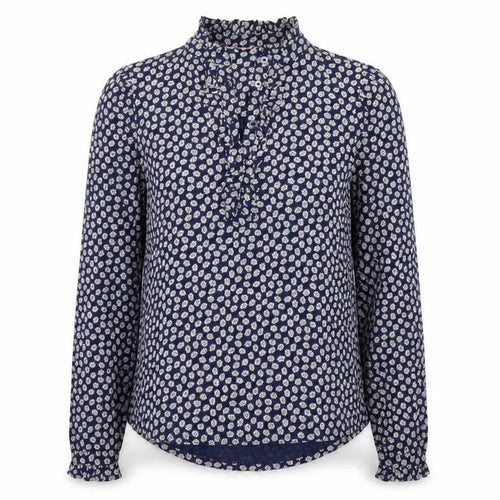 Boden Women's Blue Floral Ruffle High Neck Cotton Blouse Size 12