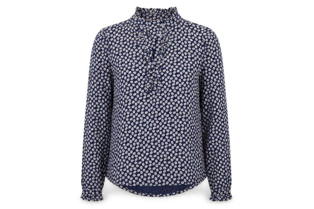 Boden Women's Blue Floral Ruffle High Neck Cotton Blouse Size 12