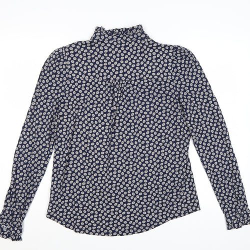 Boden Women's Blue Floral Ruffle High Neck Cotton Blouse Size 12