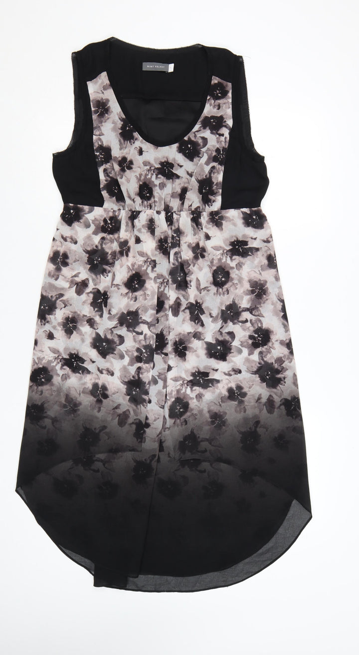 Mint Velvet Women's Black Floral Hi-Low Sleeveless Shift Dress Size 14