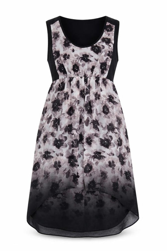 Front view of Mint Velvet Women's Black Floral Hi-Low Sleeveless Shift Dress, size 14