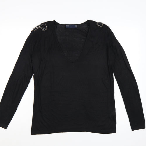 Zara Women Black V-Neck Beaded Shoulder Acrylic Jumper Size 14