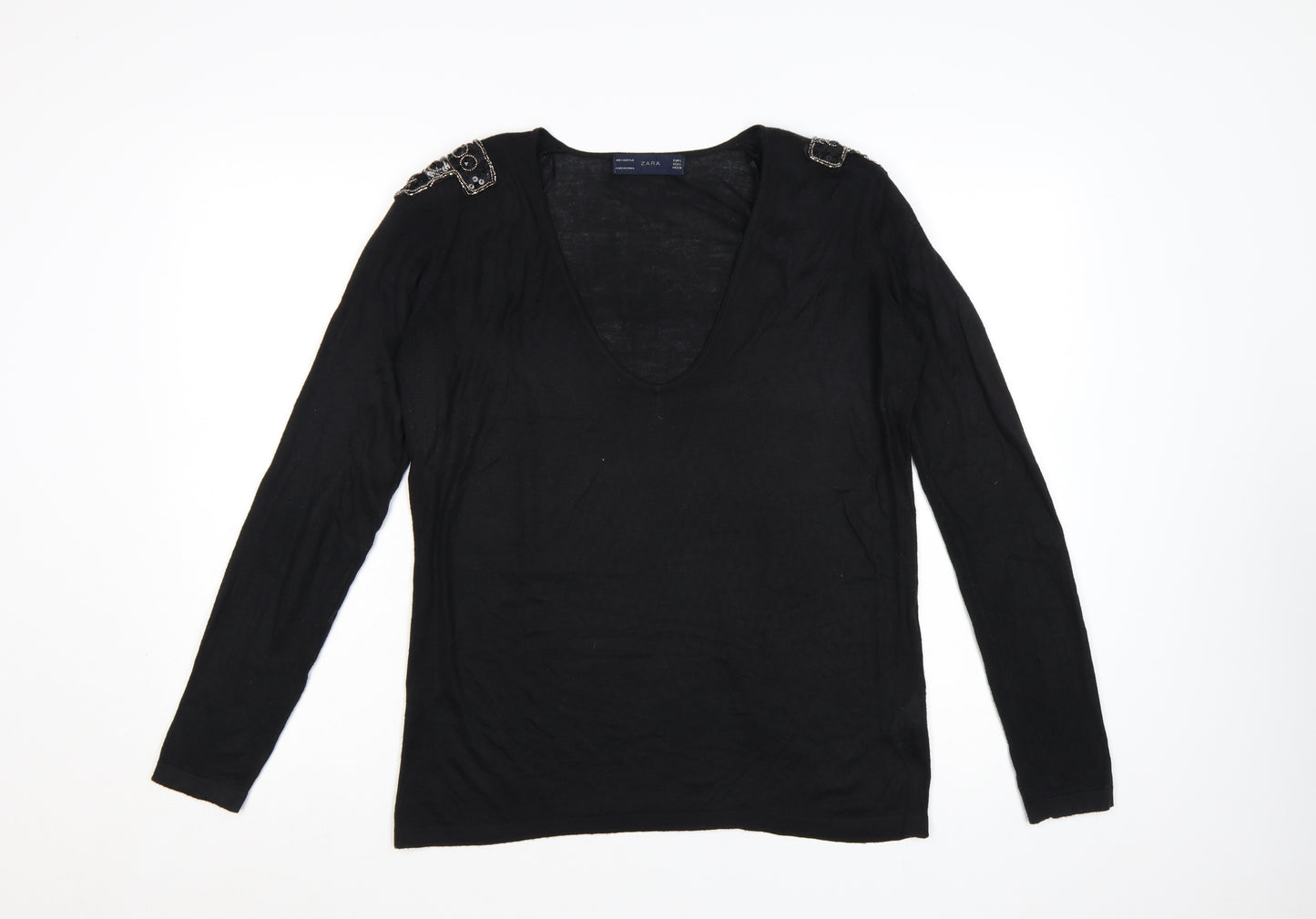 Zara Women Black V-Neck Beaded Shoulder Acrylic Jumper Size 14