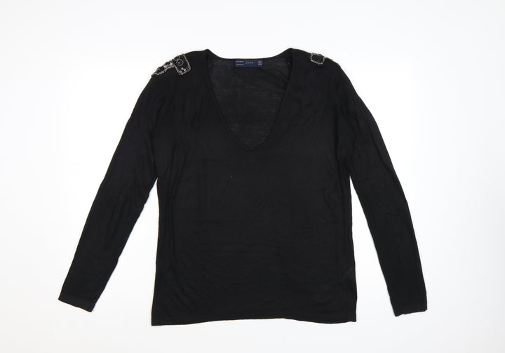 Zara Women Black V-Neck Beaded Shoulder Acrylic Jumper Size 14