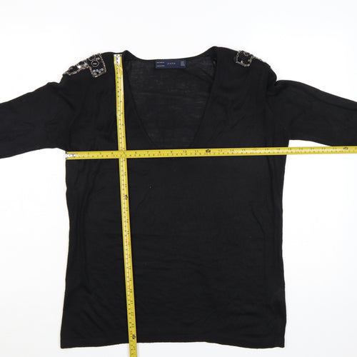 Zara Women Black V-Neck Beaded Shoulder Acrylic Jumper Size 14