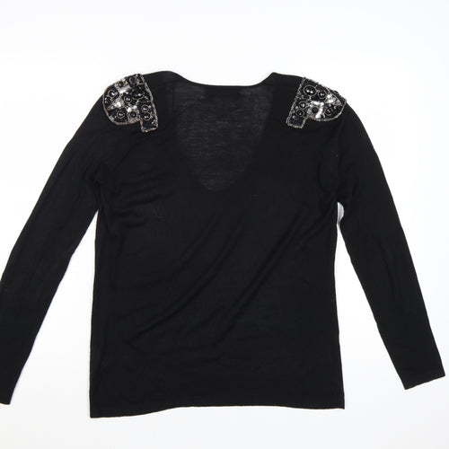 Zara Women Black V-Neck Beaded Shoulder Acrylic Jumper Size 14