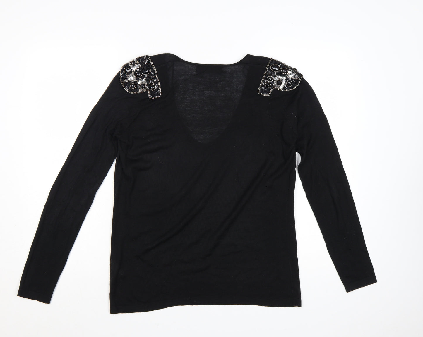 Zara Women Black V-Neck Beaded Shoulder Acrylic Jumper Size 14