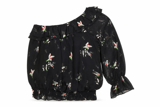 Front view of Be Beau Women's Black Floral One Shoulder Blouse, size 12
