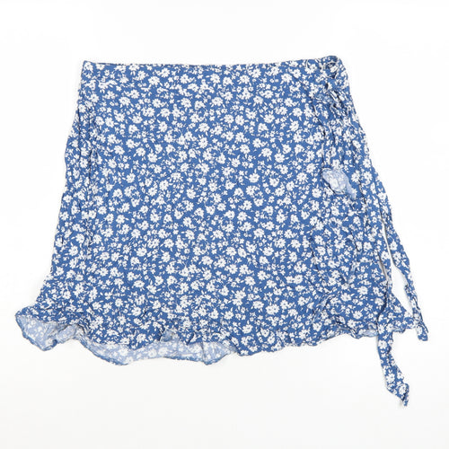 New Look Women Blue Floral Wrap Short Skirt Size 14 Summer Viscose Ruffle