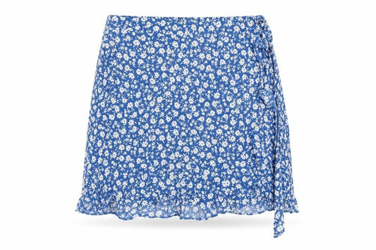 Front view of New Look Women Blue Floral Wrap Short Skirt, size 14, Summer Viscose Ruffle