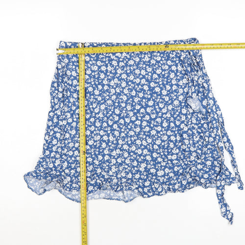 New Look Women Blue Floral Wrap Short Skirt Size 14 Summer Viscose Ruffle