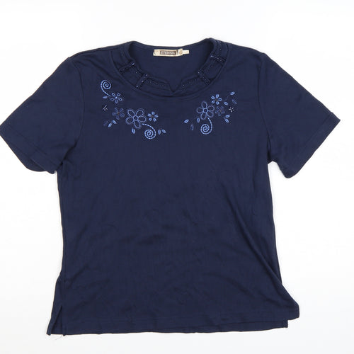 Eternal Womens Blue Embroidered Floral Cotton T-Shirt Size 14-16