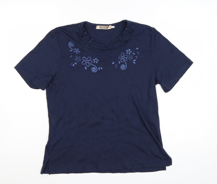 Eternal Womens Blue Embroidered Floral Cotton T-Shirt Size 14-16