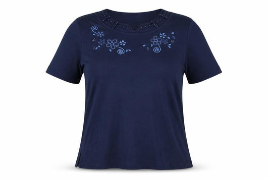 Front view of Eternal women’s blue embroidered floral cotton t-shirt, size UK 14-16