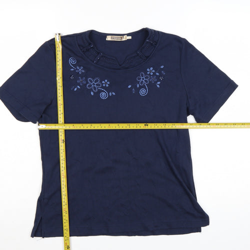 Eternal Womens Blue Embroidered Floral Cotton T-Shirt Size 14-16