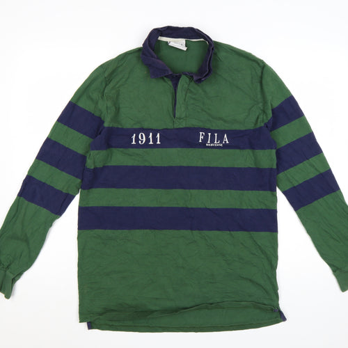 Fila Heritage Men's Green Striped Long Sleeve Rugby Polo Shirt M