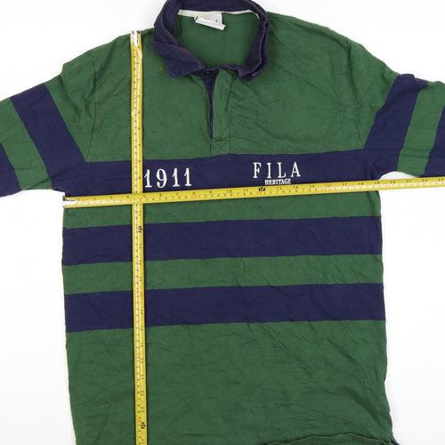 Fila Heritage Men's Green Striped Long Sleeve Rugby Polo Shirt M