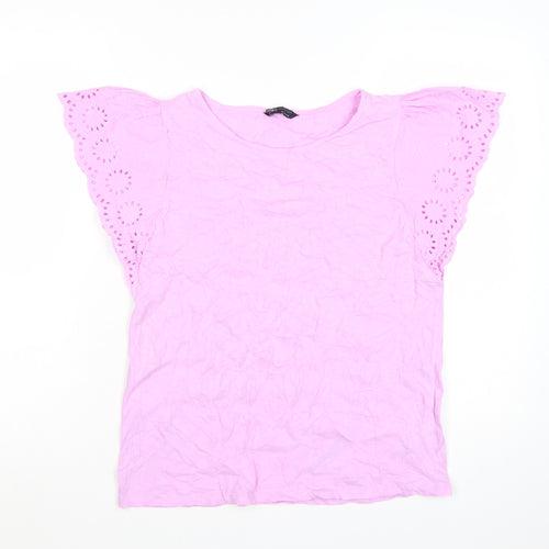Marks and Spencer Women's Pink Embroidered Flutter Sleeve Cotton T-Shirt Size 8