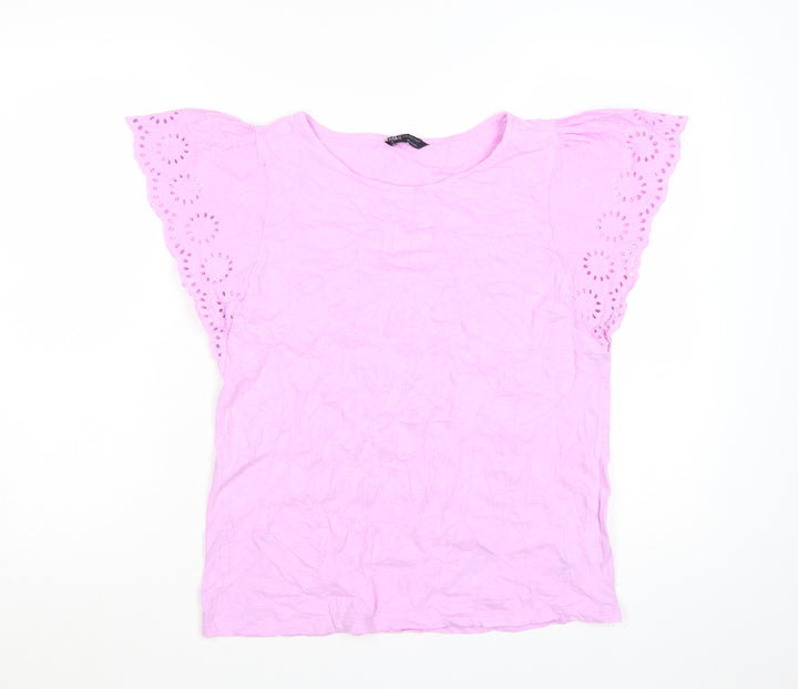 Marks and Spencer Women's Pink Embroidered Flutter Sleeve Cotton T-Shirt Size 8