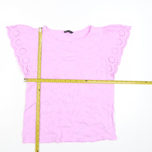 Marks and Spencer Women's Pink Embroidered Flutter Sleeve Cotton T-Shirt Size 8