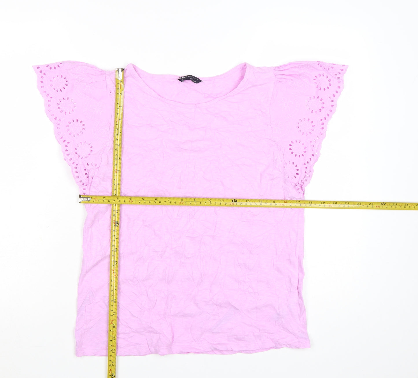 Marks and Spencer Women's Pink Embroidered Flutter Sleeve Cotton T-Shirt Size 8